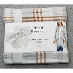 Three Dots Cashmere Blend Cardigan Wrap Women One Size Multi Plaid Fringe Detail